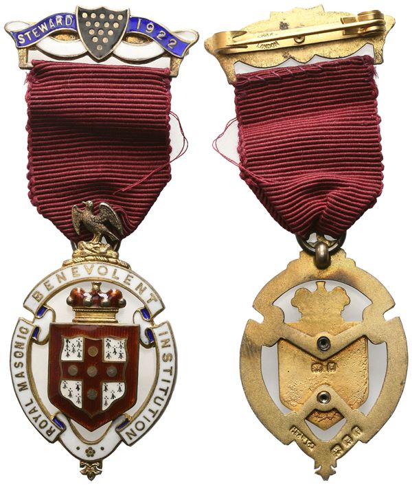 Medaglia Royal Masonic Benevolent Institution, Steward 1922, AG E Smalti (30,3 x 86 mm)