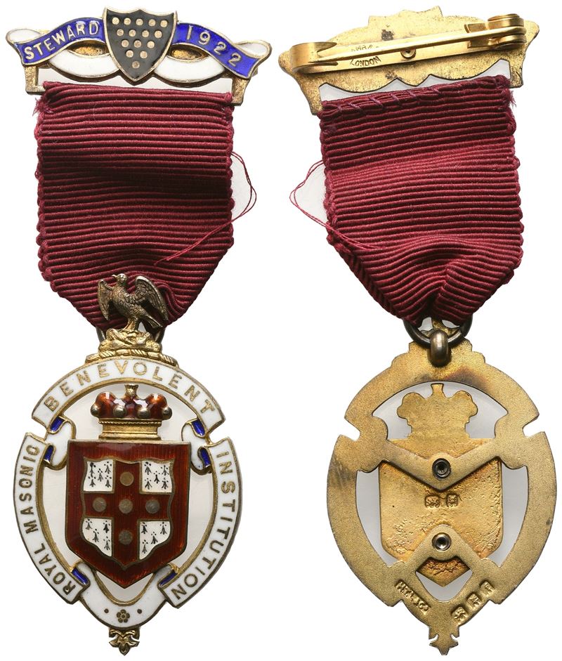 Medaglia Royal Masonic Benevolent Institution, Steward 1922, Ag e Smalti (30,3 X 86 MM)