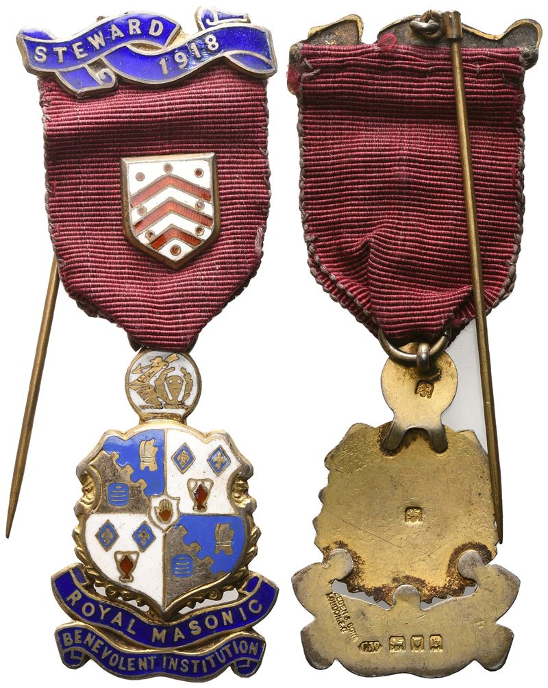 Medaglia Royal Masonic Benevolent Istitution, Steward 1918, Ag e Smalti (28,4 X 82 MM)