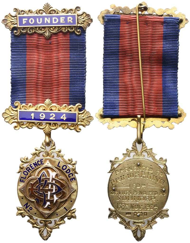 Medaglia Florence Lodge N° 1, Founder 1924, Ag e Smalti (45 X 116 MM)
