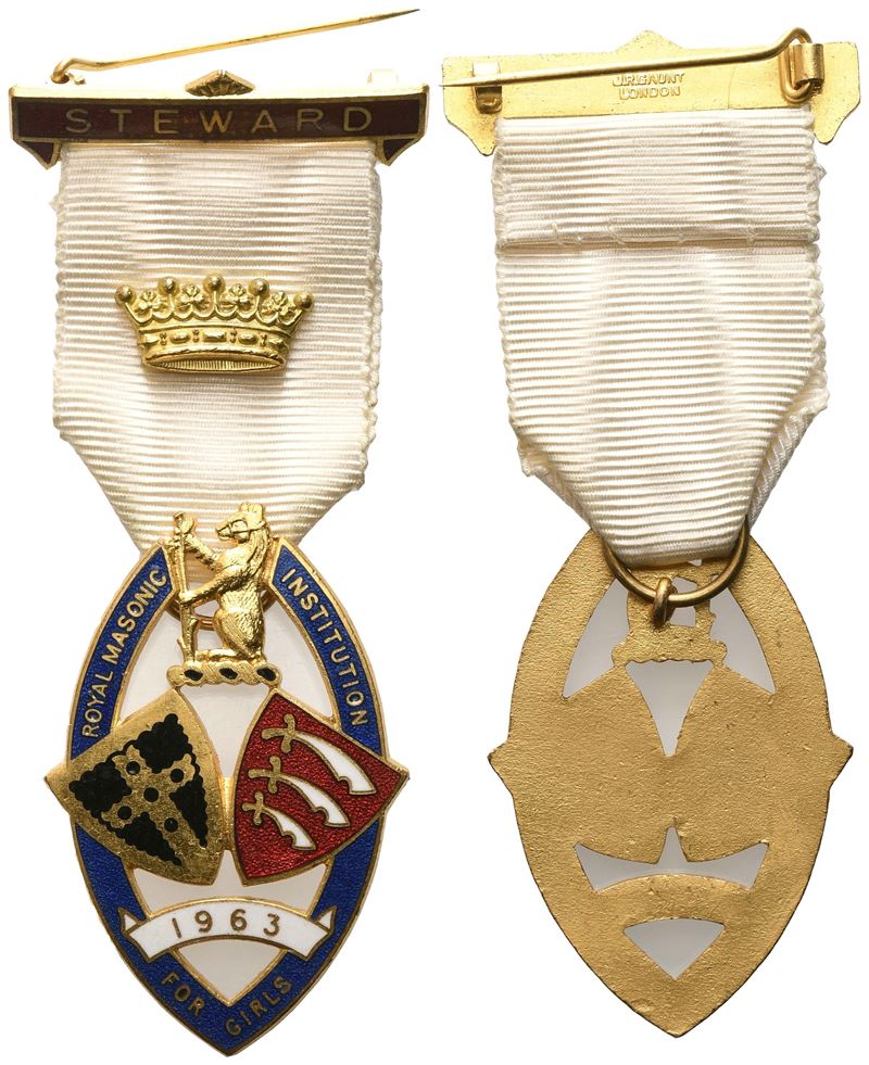 Medaglia Smaltata Royal Masonic Institution For Girls - 1963, Steward (31 x 82 mm)
