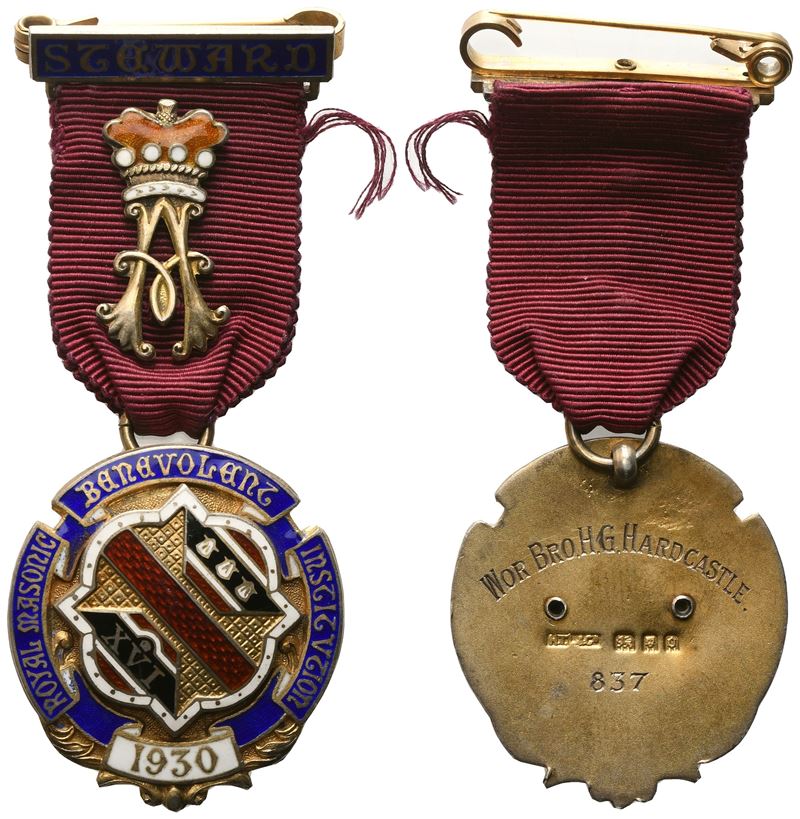 Medaglia Royal Masonic Benevolent Institution - 1930, XVI, Steward, Ag e Smalti (33,6 X 78,1 MM)
