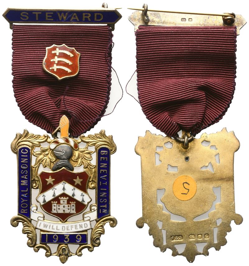 Medaglia Royal Masonic Benev_t Inst_n 1939, "i Will Defend", Steward, Ag e Smalti (34 X 82 MM)