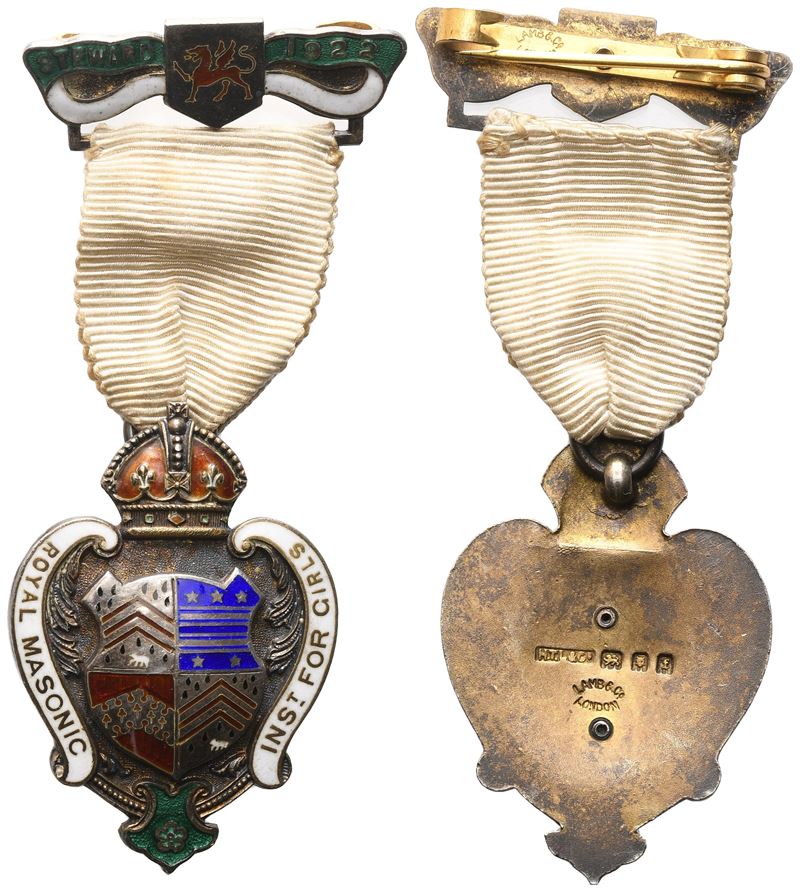 Medaglia Royal Masonic Inst. For Girls, Steward 1922, Ag e Smalti (30,7 X 81 MM)