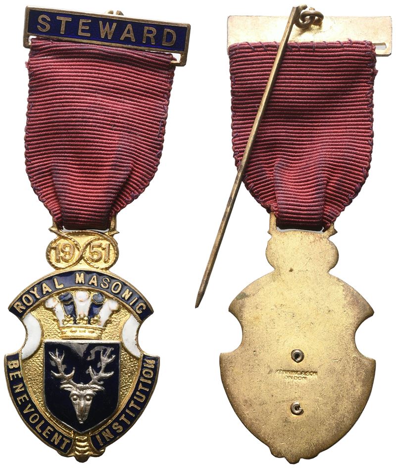 Medaglia Smaltata Royal Masonic Benevolent Institution, Steward 1951 (27,9 x 80,8 mm)