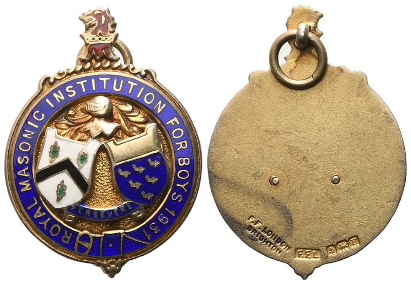 Medaglia Royal Masonic Benevolent Institution For Boys 1931, "persevere", Ag e Smalti (32,6 MM)
