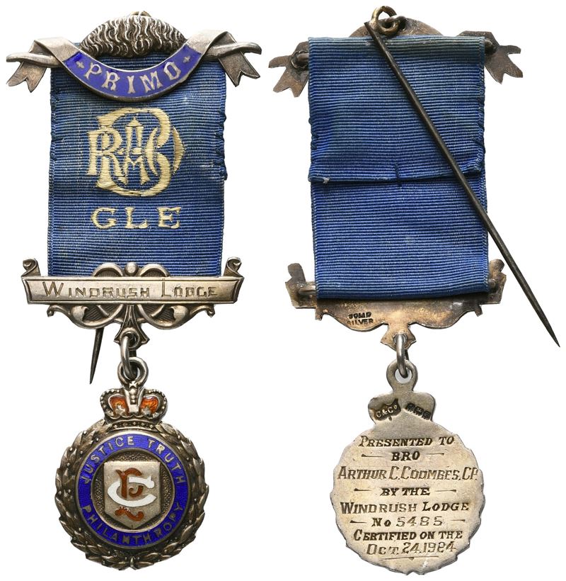 Medaglia "justice Truth Philanthropy", Primo - G L e - Windrush Lodge, 1924, Ag e Smalti (27,4 X ...