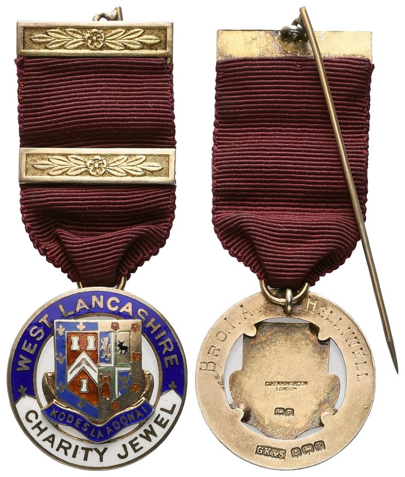 Medaglia West Lancashire Charity Jewel, "kodes la Adonai", Ag e Smalti (29 X 71,5 MM)