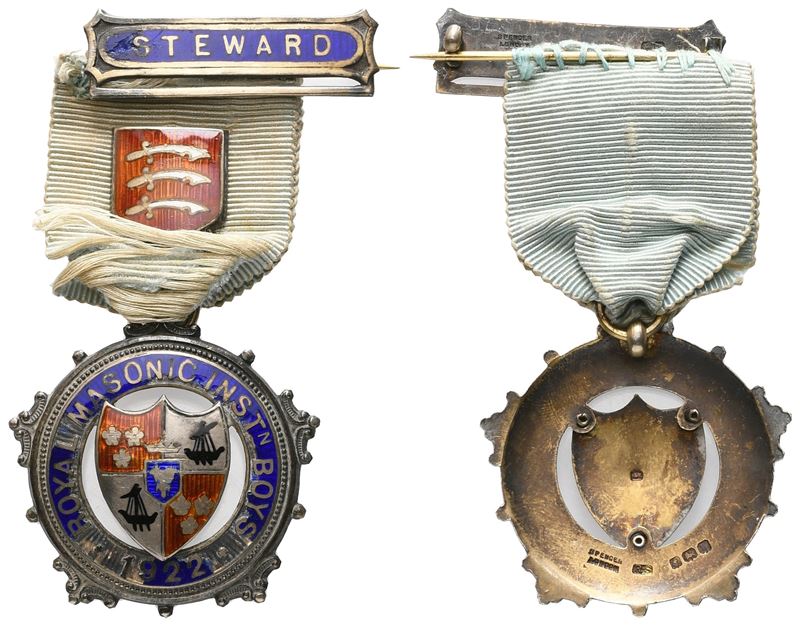 Medaglia Royal Masonic Inst.n Boys 1922, Steward, Ag e Smalti (39 X 77 MM)