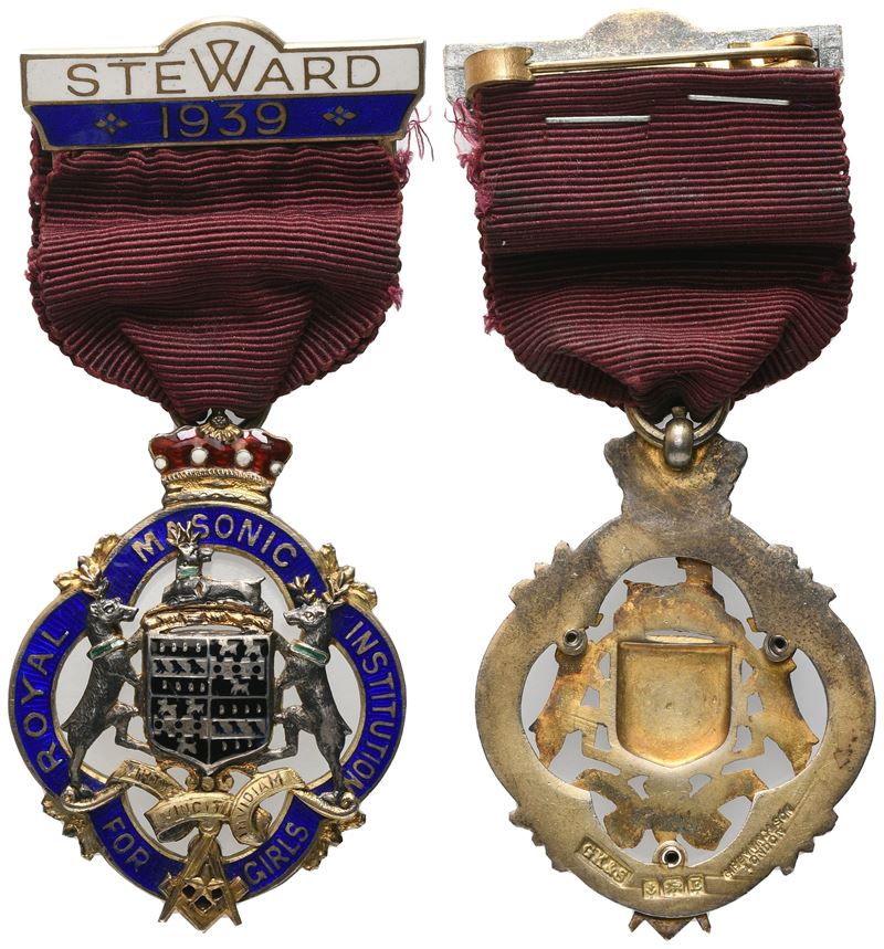 Medaglia Royal Masonic Institution For Girls, "Virtus Vincit Invidiam", Steward 1939, AG E Smalti...