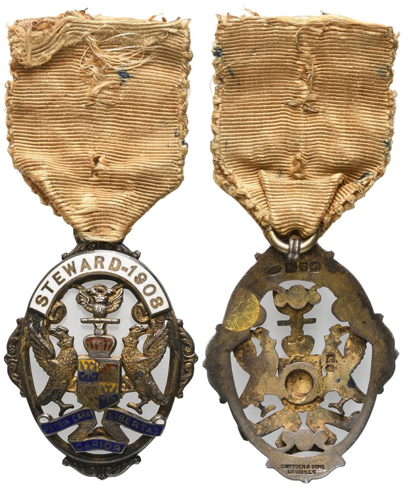 Medaglia Steward - 1908, "patria Cara Carior Libertas", Ag e Smalti (34 X 44 MM)