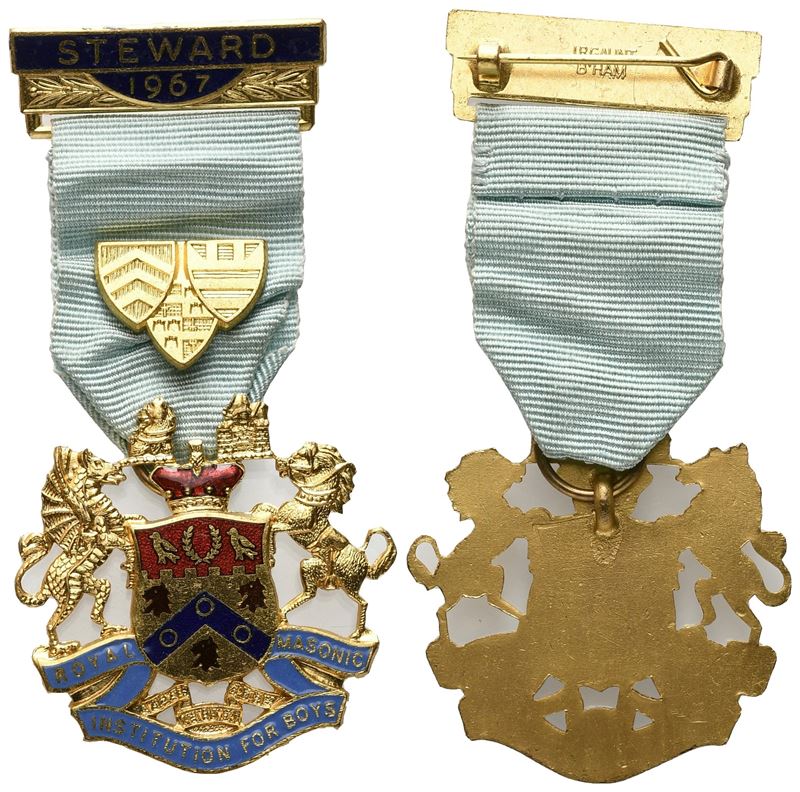 Medaglia Royal Masonic Institution For Boys, Steward 1967, Ag e Smalti (39,3 X 77,3 MM)