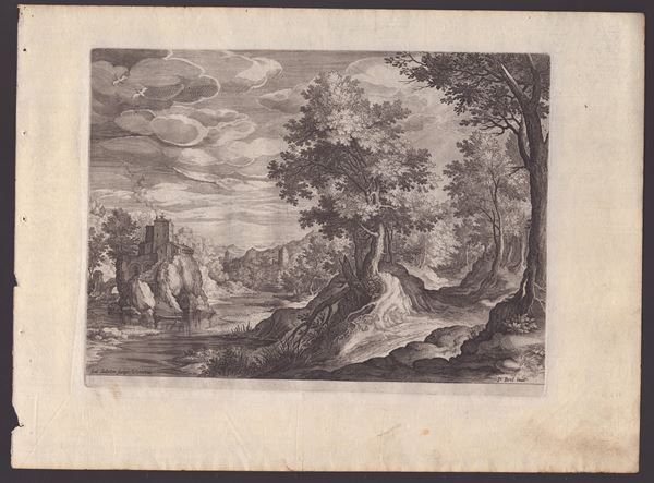 Jan (Johannes) Sadeler - Landscape with castle on rock on the river bank