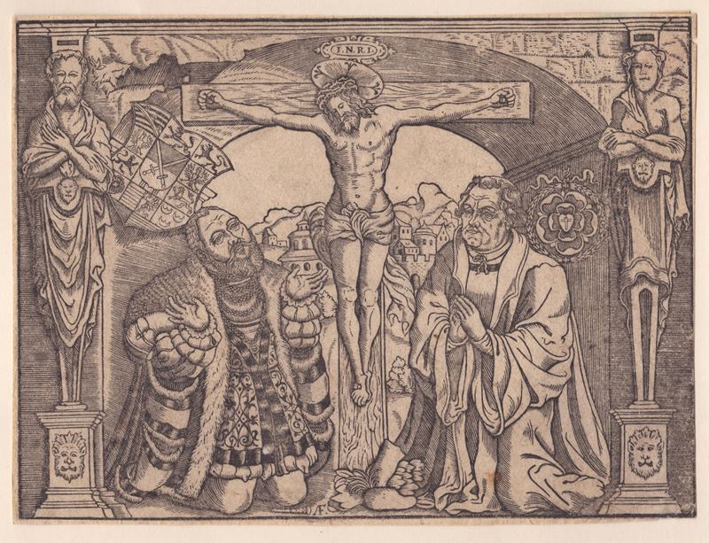 Martin Lutero e Giovanni il Costante inginocchiati davanti a Cristo sulla croce