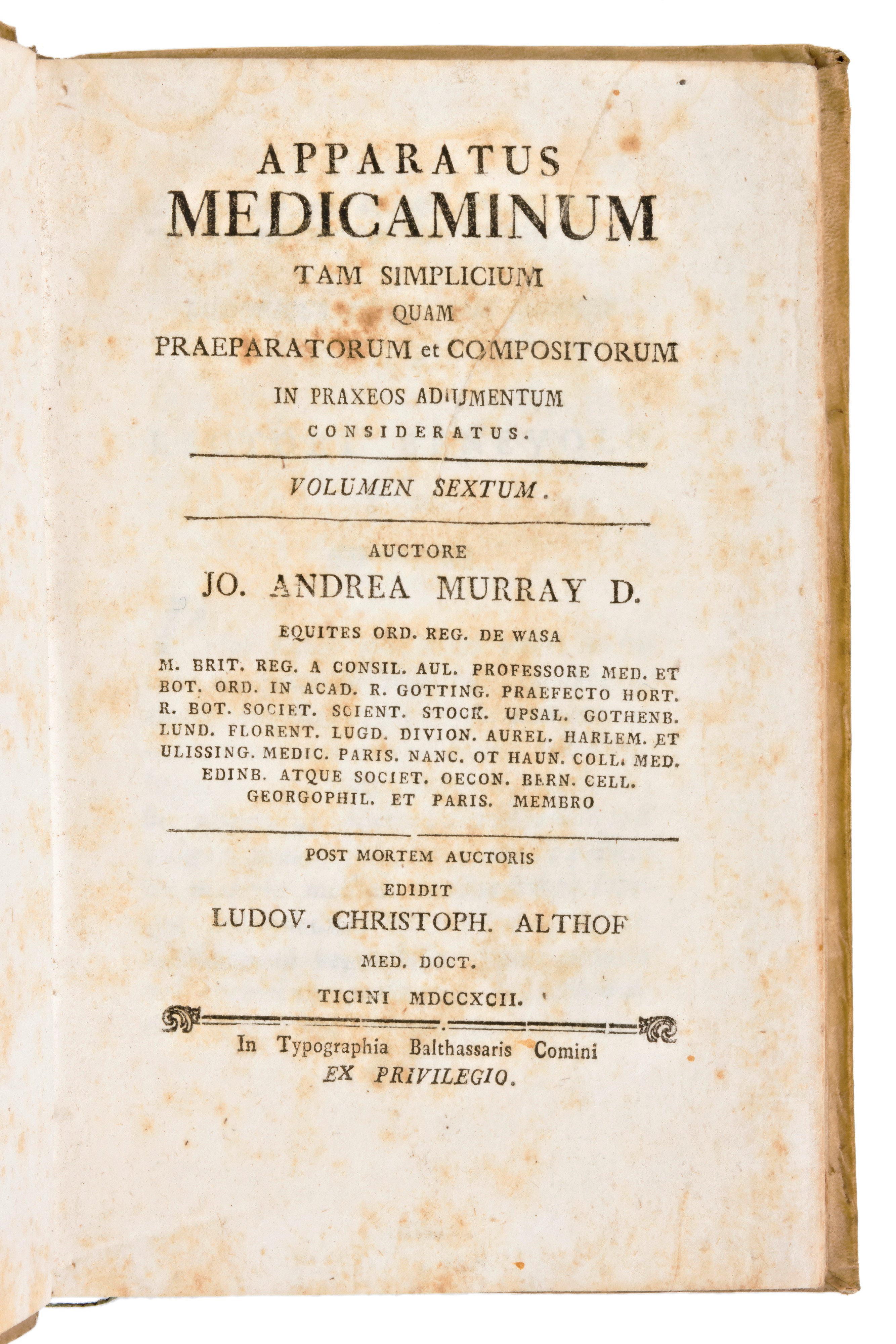 [Medicina/Farmacopea] Murray, Johan Anders : Apparatus medicaminum tam simplicium. Prima edizione...