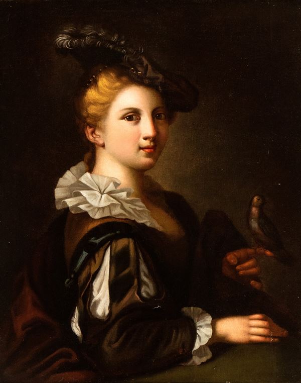 Artista francese, prima met&#224; del XVIII secolo - Portrait of a gentlewoman with goldfinch and feathered hat