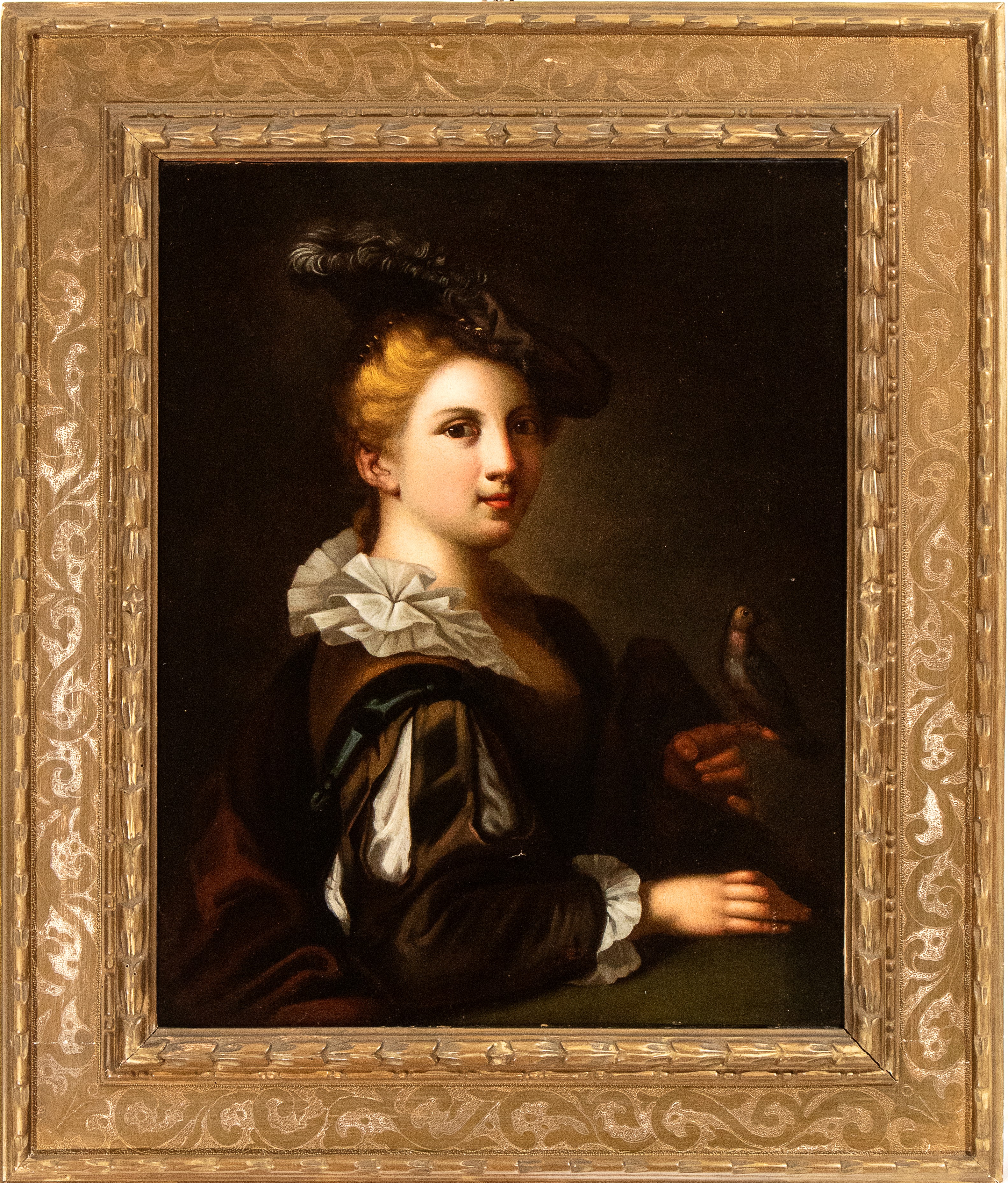 Ritratto di gentildonna con cardellino e cappello con piuma