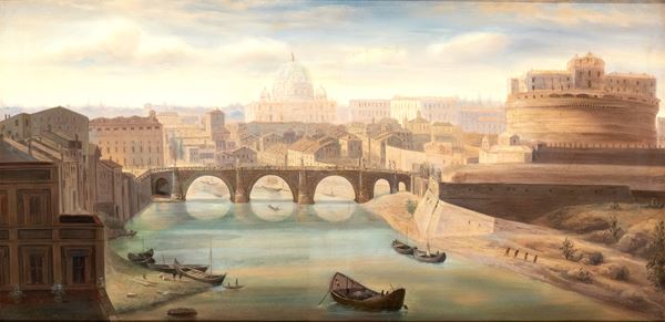 Artista attivo a Roma, XIX secolo - View of Castel Sant'Angelo and San Pietro from the banks of Tevere