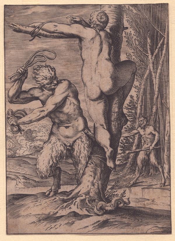 Agostino Carracci : Satiro che frusta una ninfa  - Asta Stampe antiche e moderne, disegni e carte geografiche - Bertolami Fine Art - Casa d'Aste