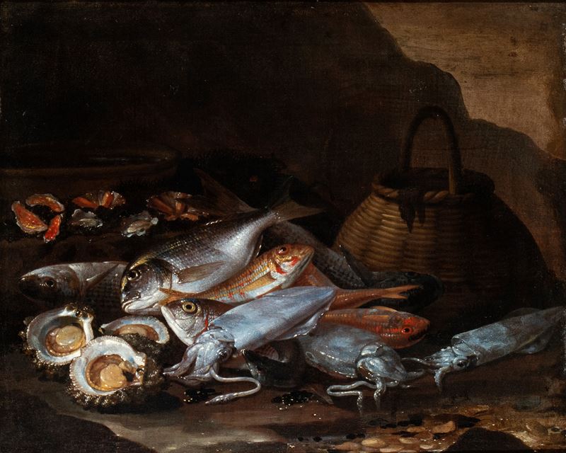 Giuseppe Recco - Natura Morta di Pesci e Crostacei in un Paesaggio