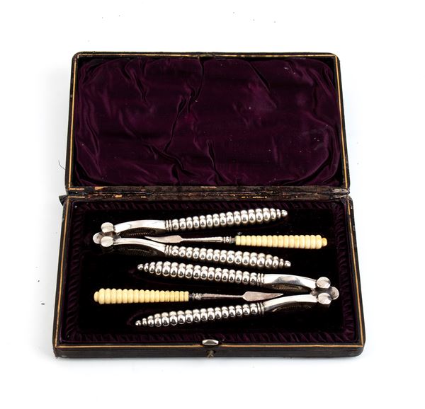 William Hutton &amp; Sons Ltd - English Victorian silver plated and ivory nut set