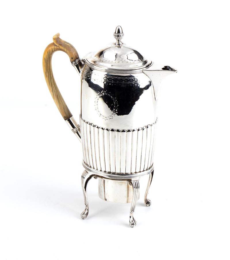 John Emes, John Edington - Caffettiera georgiana (coffee biggin) in argento 925/1000 con supporto...