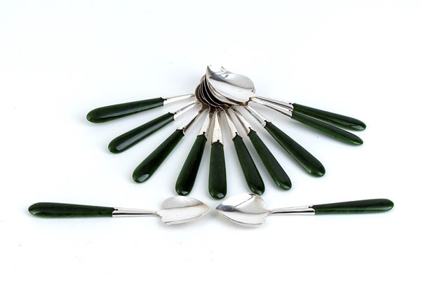 Set of 12 silver and jadeite spoons