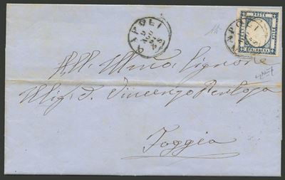 Prov. Napoletane, Lettera da Napoli per Foggia affrancata con 2 gr. Indaco Chiaro n.20e
