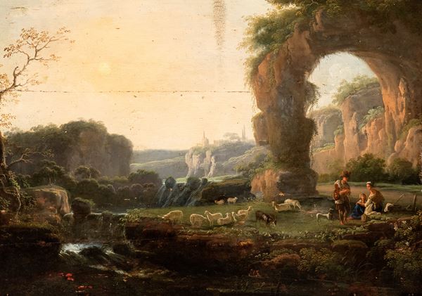 Artista attivo a Roma, XVIII secolo - Landscape with rock arch, shepherds and flock