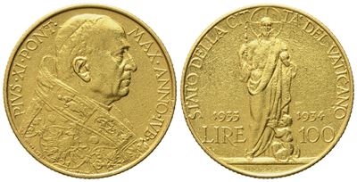 Vaticano. Pio XI (1922-1939). 100 Lire 1933-1934 "giubileo". Au (8,74 G; 23,3 MM)