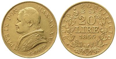 Stato Pontificio. Roma. Pio IX (1846-1870). 20 Lire 1866, Anno XXI; Au (6,44 G; 21 MM)