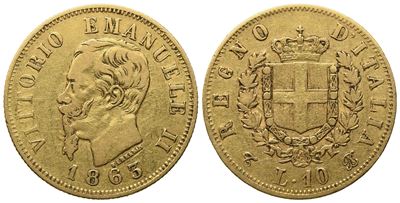 Regno D'italia. Vittorio Emanuele II (1861-1878). 10 Lire 1863. Torino. Au (3,18 G; 18 MM)