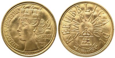 San Marino. 2 Scudi 1983. Au 916,66 (4 G; 20,5 MM)