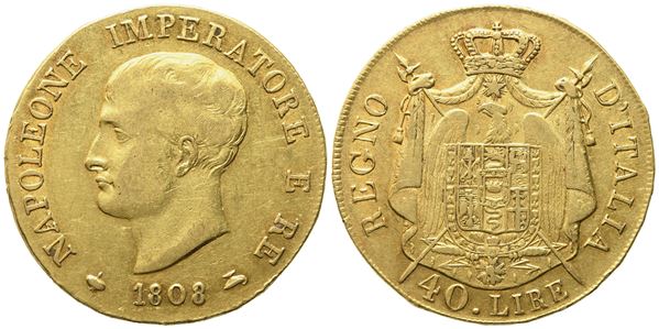 MILANO. Regno d'Italia. Napoleone I imperatore (1805-1814), 40 Lire 1808, senza marchio di zecca. Au (12,90 g; 26,5 mm)