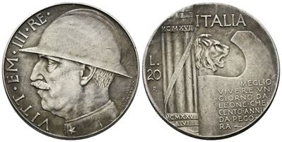 Vittorio Emanuele III, 20 lire 1928 - Falso da studio in metallo bianco