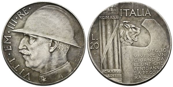 REGNO D'ITALIA. Vittorio Emanuele III. 20 lire 1928. FALSO DA STUDIO. Metallo Bianco