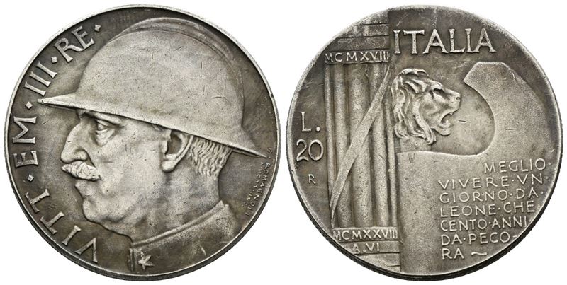 Regno D'italia. Vittorio Emanuele III. 20 Lire 1928. Falso da Studio. Metallo Bianco