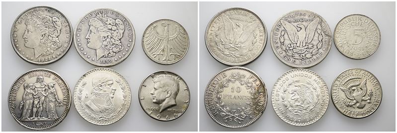 Monete Estere. Lotto di 6 monete in Argento Francia,USA,Messico,Germania, Circa 117gr. Conservazi...