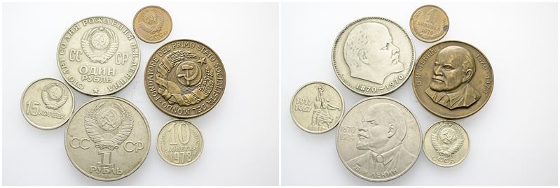Russia. Urss. Lotto di 5 Monete e 1 Medaglia a Tema Lenin. Metalli, Conservazioni e Nominali Vari...