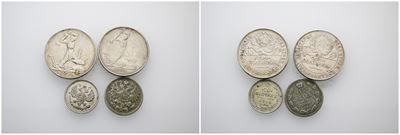Russia. Urss. Lotto di 4 Monete in Argento 50 Kopeks 1924 e 1925, 10 Kopeks 1914 e 15 Kopeks del ...