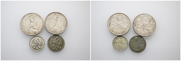 RUSSIA. URSS. Lotto di 4 monete in Argento 50 kopeks 1924 e 1925, 10 Kopeks 1914 e 15 Kopeks del 1900. Conservazioni varie.