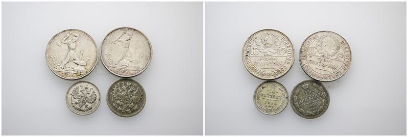 Russia. Urss. Lotto di 4 Monete in Argento 50 Kopeks 1924 e 1925, 10 Kopeks 1914 e 15 Kopeks del ...