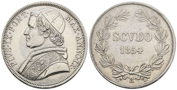 STATO PONTIFICIO. ROMA. Pio IX (1846-1870). Scudo 1854. An IX. Pag. 396. Ag. 26,88gr. Colpetto.