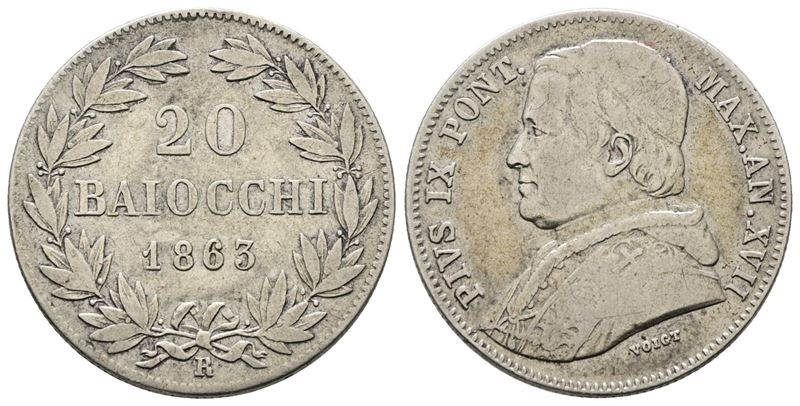 Stato Pontificio. Roma. Pio IX (1846-1870). 20 Baiocchi 1863. An XVII .mont.172. Ag. 5,66gr.