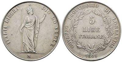 Milano. Governo Provvisorio di Lombardia (1848). 5 Lire 1848. Gig.3. Ag. 25gr. Graffietto.