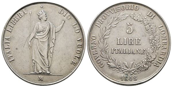 MILANO. Governo Provvisorio di Lombardia (1848). 5 Lire 1848. Gig.3. Ag. 25gr. Graffietto.