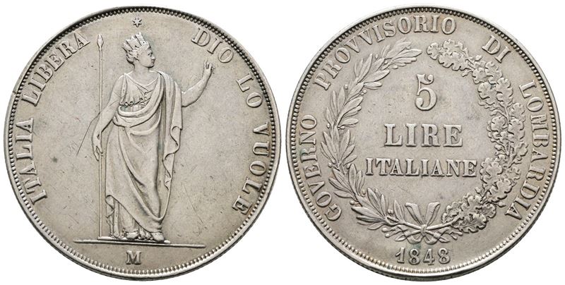 Milano. Governo Provvisorio di Lombardia (1848). 5 Lire 1848. Gig.3. Ag. 25gr. Graffietto.