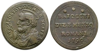 Stato Pontificio. Roma. Pio Vi (1775-1799). Sanpietrino da 2 1/2 Baiocchi 1796. Munt. 100. Cu; 17...