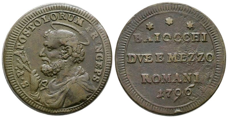 Stato Pontificio. Roma. Pio Vi (1775-1799). Sanpietrino da 2 1/2 Baiocchi 1796. Munt. 100. Cu; 17...