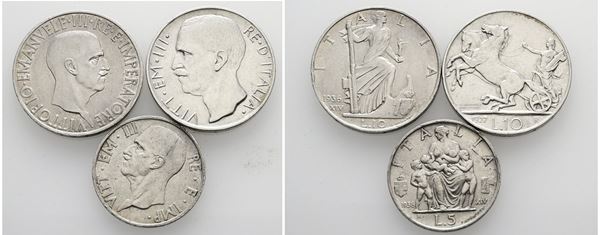 REGNO D'ITALIA. Lotto di 3 monete in Argento: 5 lire e 10 lire 1936 e 10 lire 1927 **. Conservazioni varie.  - Asta MONETE E MEDAGLIE MODERNE, CONI, PUNZONI E RARITÀ MASSONICHE - Bertolami Fine Art - Casa d'Aste